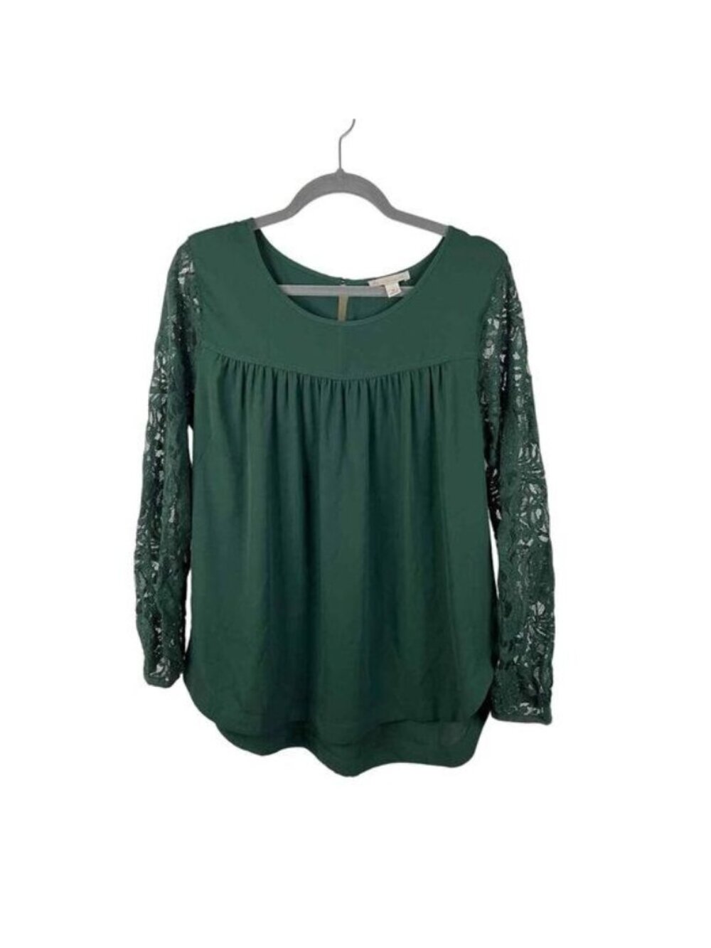 Green Long Sleeve Blouse With Lace Sleeves & Back Button Closure Size M